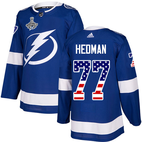 Men Adidas Tampa Bay Lightning #77 Victor Hedman Blue Home Authentic USA Flag 2020 Stanley Cup Champions Stitched NHL Jersey